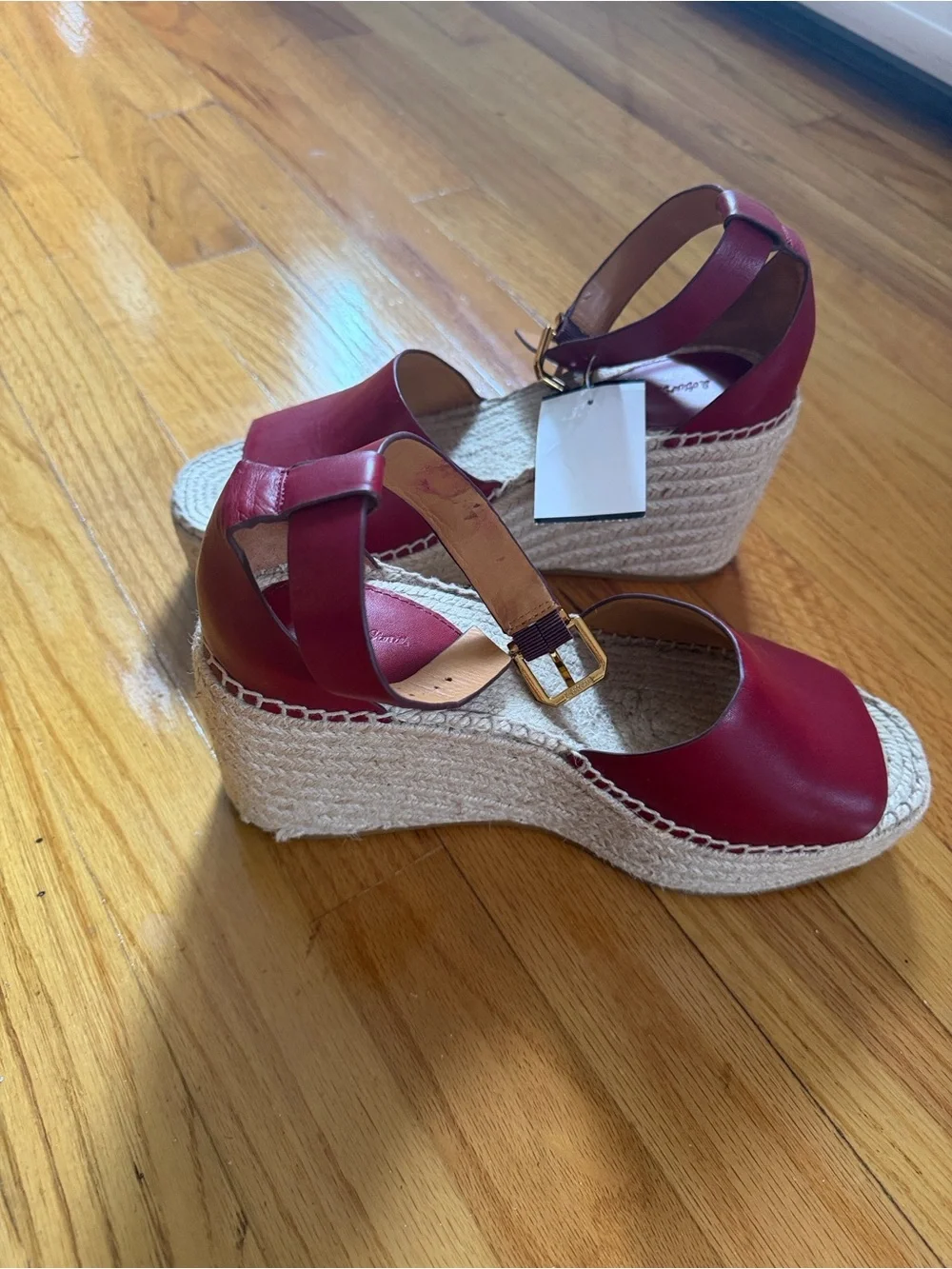 Wedge Espadrille Sandals in Burgundy with Ankle Strap